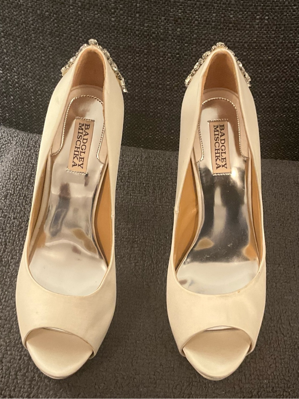 Badgley Mischka Platform Satin Peep-Toe Pumps with Crystal Back Detail